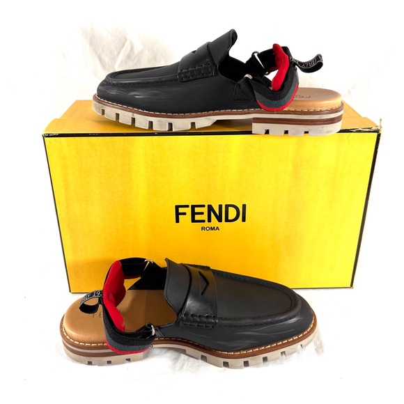 FENDI Black Leather Slingback Men's Loafer Sandals Made in Italy Marked as 7 8US